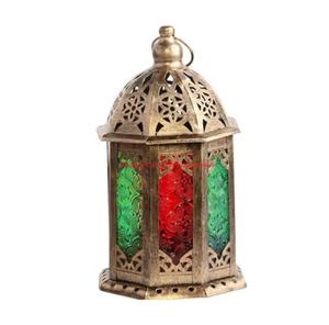 Lanterne marocaine artisanale en métal avec panneaux de vitraux multicolores bougeoir décoratif suspendu ou de table - Product Image 4