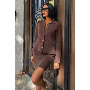 Women's Steel Knit <b>Sweater</b> <b>Skirts</b> Set with Shirt Collar and Pocket Detail 10215 - Product Image 3