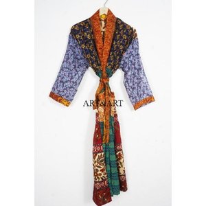Robe kimono en soie 100% faite à la main pour femmes, motif floral bohème, vêtements de nuit décontractés d'été doux pour demoiselles d'honneur - Product Image 6