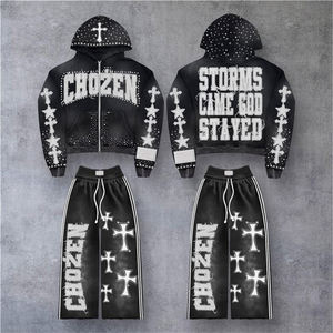 ชุดเซ็ตแทรคสูทสตรีทแวร์ผ้าคอตตอนหนา ล้างสีแบบแอซิด ประดับคริสตัล 2-in-1 พิมพ์โลโก้ตามสั่ง สไตล์ดิสเทรส ฮाइสตรีท พร้อมกางเกงขายาวและเสื้อฮู้ด - Product Image 4