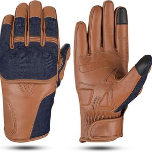 ถุงมือมอเตอร์ไซค์หนังสีน้ำตาลทันสมัย แต่งด้วยผ้าเดนิม รองรับหน้าจอสัมผัส ปลายนิ้วระบายอากาศได้ดี จับกระชับมือ เหมาะสำหรับกีฬาฤดูใบไม้ผลิ - Product Image 1