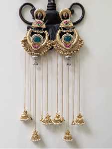 Pendientes largos Chandbali de doble acabado real de alta calidad tradicional con detalle de cadena Triple Jhumki cadena india Jhumki para mujer - Product Image 4