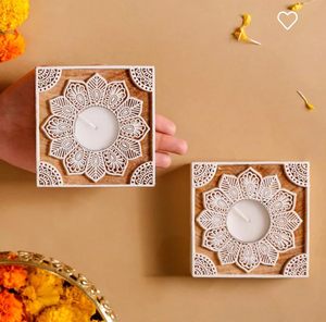 ชุดที่ใส่เทียนทีไลท์ทรงสี่เหลี่ยมทำด้วยมือทำจากไม้2อันที่วางเทียนแท่งทรงสี่เหลี่ยมพิมพ์ลายแท่งเจลสำหรับตกแต่งคริสต์มาสเทศกาลดิวาลี - Product Image 6