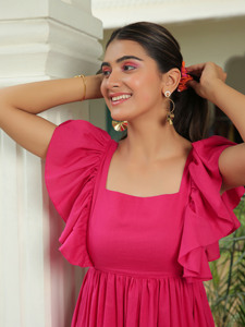 เดรสแมกซี่เดรสบานสำหรับผู้หญิงชุดเดรสลำลองผ้าคอตตอนแบบสั้นสีส้มไหม้สีชมพูเบอร์รี่ - Product Image 4