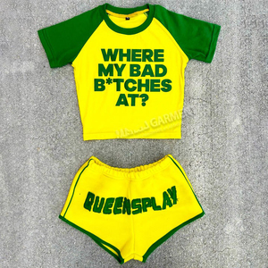 Conjunto de sudadera con parche bordado desgastado para fabricantes de ropa personalizada, conjunto de verano de 2 piezas, pantalones cortos para mujer - Product Image 2