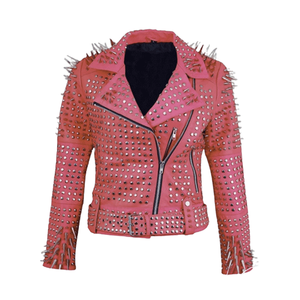 Chaqueta de cuero con tachuelas largas hechas a mano para mujer, chaquetas de moda de cuero genuino estilo motorista para mujer - Product Image 5