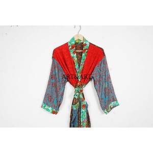 Western Elegant Kimono Wrap Silk Robe Vibrant Ethnic Patterns Belted Waist Long Length Lace Decoration Casual Sleep Wear - Product Image 2