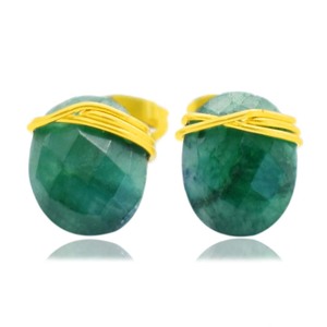 Handmade Dyed Emerald Wire-Wrapped Oval <b>Stud</b> Earrings 8-10mm Brass & <b>Silver</b> Gemstone Jewelry Gift - Product Image 1