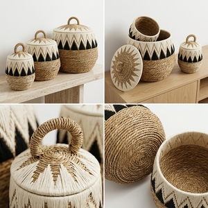 Juego de Cestas de Almacenamiento Ecológicas de Macramé con Corteza de Plátano Natural, con Asas, Diseño Tribal Moderno con Diamantes, Decoración Multiusos para el Hogar - Product Image 3