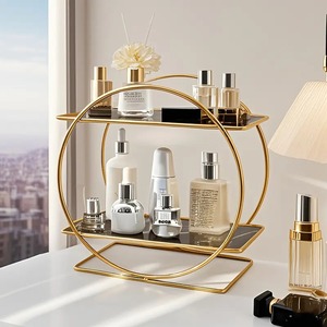 Elegant Golden Round Metal <b>Shelf</b> - UV Coated, Two-Tiered Decorative Organizer for Bathroom & Living Room etc. - Product Image 3