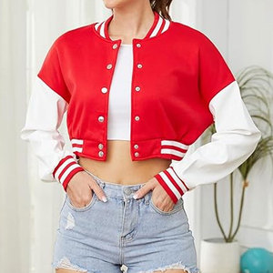 <b>Red</b> & White Color Women Crop Top Varsity Jackets Crop Slim Fit Women Cropped Varsity Baseball Jacket Wholesale - Product Image 2