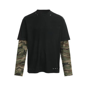 Long Sleeve Tshirt <b>Vintage</b> Acid Wash Cotton 320gsm Camouflage Sleeve High Quality Custom logo Double Sleeve <b>Sweatshirt</b> for Men - Product Image 2