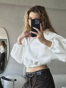 Otoño mujer moda cremallera Sudadera con capucha chaqueta recortada de punto Y2K color sólido cárdigan corto manga larga sudadera femenina - Product Image 4