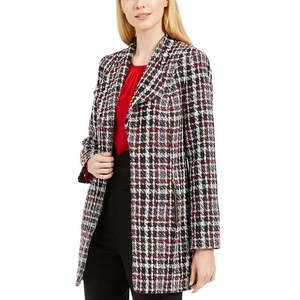Giacca Bomber Reversibile in Tweed e Camoscio a Quadri da Donna Calvin Klein, Doppiopetto, Lunghezza Corta, Taglia XL - Rossa per l'Autunno - Product Image 1