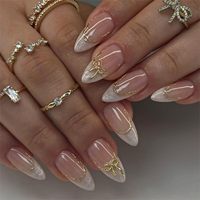 24 faux ongles blancs à bout français, forme amande moyenne, avec nœud 3D et motif acrylique, ligne dorée, à coller, vente en gros