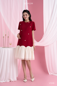 B2 <b>MUM</b> Red V-Neck Dress V1518 Lace Fabric Breathable Eco-Friendly A-Line Silhouette Slightly Pleated Bodice Double-Layered Skirt - Product Image 2