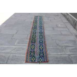 1.8x10.7 ft Turkish <b>Runner</b> Rug, Blue <b>Green</b> Vintage Check Wool Rug - Product Image 1