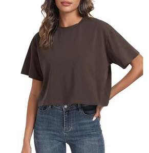 T-shirts courts d'entraînement surdimensionnés pour femmes col rond manches courtes décontracté ample été culture t-shirt hauts coton - Product Image 5