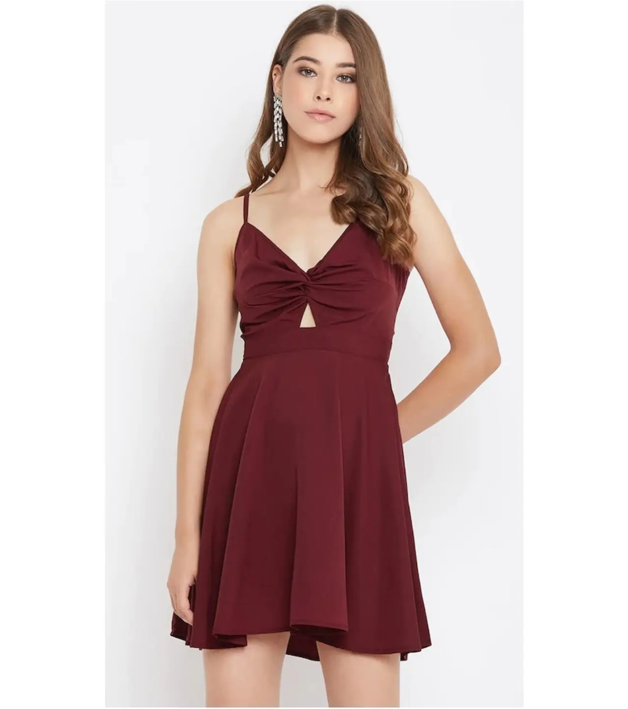Maroon Twisted Fit and Flare Dress with Cut-Outs. Latest 2023 fashion. BEST DRESS WOMEN GIRL PARTY CASUAL WEDDING BEACH.