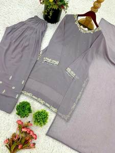 Conjunto de Tres Piezas de Moda Pakistaní para el Mes de Ramadán, Especial para el Eid, Bordado con Pedrería, Georgette, Seda, Piel Sintética, Sin Costuras, para Fiesta - Product Image 3
