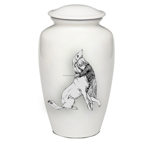 Urna de cremación para mascotas conmemorativa funeraria brillante blanca clásica para cenizas de perro latón y aluminio hechos a mano - Product Image 3