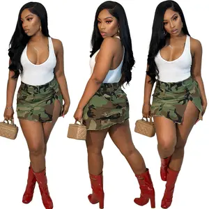 Summer Fashion Camouflage Mini Skirt Women High Waist Side Slit Short Mini Dress Sexy Slim Zipper Camo Pencil Cargo Skirts