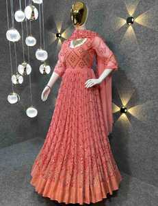 Diseñador de las mujeres Faux Georgette encaje borde Dupatta totalmente cosido largo bordado vestido indio bodas fiestas Material pesado - Product Image 3