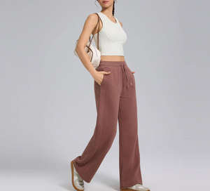 Pantalon de sport ample en molleton doux et chaud pour femme, collection automne-hiver, en coton, coupe droite, taille élastique - Product Image 6