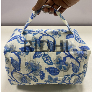 Sac matelassé en coton bleu et blanc, écologique, grand format, pour usage quotidien, avec poignée avant et fermeture éclair, fait main, logo personnalisé imprimé, idéal comme cadeau - Product Image 1