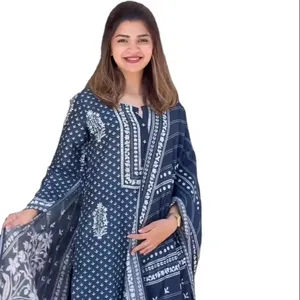 Desainer setelan punjabi biru Georgette patiala Satin murni berat garmen etnik Kurta harga grosir pakaian wanita