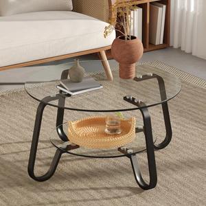 Mesa de Centro de Estilo Industrial Moderno con Doble Estante y Tapa de Vidrio Templado, Estructura de Hierro con Recubrimiento Negro para Sala de Estar - Product Image 2