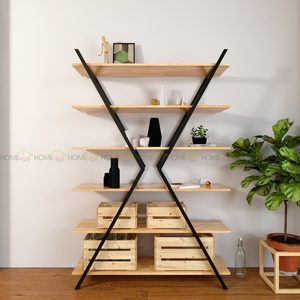 KS68035 Estante de Hierro en Forma de X de 6 Niveles con Parte Superior de Madera, Estantes Decorativos y Unidades de Almacenamiento de 120x37x180cm para Sala de Estar - Product Image 2
