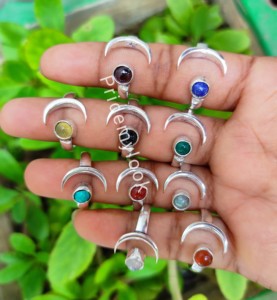 Most Trending Wholesale Vintage Crescent <b>Moon</b> Natural Mix Gemstone <b>Rings</b> Sterling Silver Plated Waterproof Brass Jewelry - Product Image 2