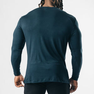 T-shirts de sport à manches longues en coton et élasthanne pour hommes, logo personnalisé, motif uni, ourlet arrondi, fitness, course à pied rapide - Product Image 3