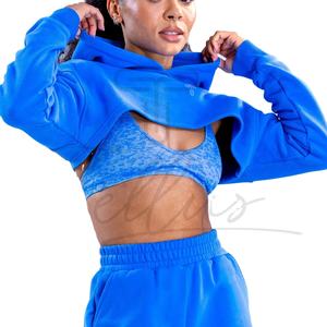 เสื้อครอปฮู้ดดี้ผู้หญิงแฟชั่นล่าสุด น้ำหนักเบา ไร้ตะเข็บ สำหรับออกกำลังกาย ฟิตเนส-โลโก้ด้านหน้า ขายส่ง เสื้อฮู้ดดี้สั่งทำ - Product Image 3