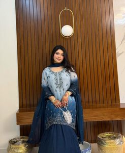 Designer Beautiful Georgette Silk Faux Fur Wool Embroidery Sequence Work Top Sharara Dupatta Party Wear Low Price Wholesale - Product Image 4