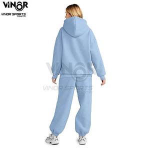 Elegante conjunto de chándal de Otoño e Invierno para mujer, traje de Jogger de algodón liso personalizado con capucha, patrón Formal de lana sólida - Product Image 3