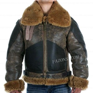 Mens Aviator B3 Shearling Distressed Leather Jacket Flying RAF Bomber Real Sheepskin Warm Filling <b>Fur</b> Vintage Jacket Coat OEM - Product Image 3