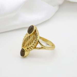 แหวนควอตซ์สโมคกี้ลายใบไม้สไตล์โบฮีเมียน ชุบทอง 18k วงแหวนทองเหลืองลายธรรมชาติ แหวนขายส่งสำหรับผู้หญิง - Product Image 3