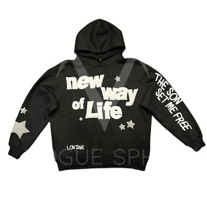 Sudadera con capucha de lana de algodón pesado con logotipo personalizado en relieve para hombre, ropa informal sólida con estampado de soplo, sudaderas con capucha para hombre - Product Image 3