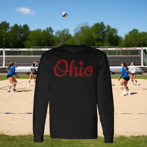 Camiseta de manga larga con cuello redondo y letras rojas de Ohio, ropa deportiva unisex para adultos - Product Image 1