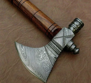 Steel Craft International Handmade Damascus Steel Tomahawk Industrial Grade Viking <b>Axe</b> with Rose <b>Wood</b> Handle and Leather Sheath - Product Image 2