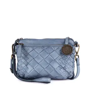 Premium Quality Denim Blue Genuine Leather Women's Sling Bag Cross Body Bag Weaving Bag for Women