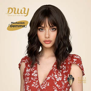 Gemma-DWY 12 Inches Natural Black Short Bob Curly Glueless Synthetic <b>Wig</b> with Transparent Lace Bangs for Women Machine Made - Product Image 1