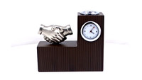 Organisateur de bureau en métal argenté fait main, décoration pour usage professionnel - Support de stylo, horloge, décoration royale, 132x50x113mm, vente en gros