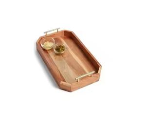 Plateau de service en bois avec poignées en acier inoxydable Plateau de service décoratif en forme de rectangle brun foncé - Product Image 4