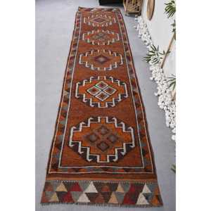 พรมขนสัตว์วินเทจขนาด2.9x11.7ฟุตงานปะทรงสี่เหลี่ยมทำด้วยมือสีน้ำตาลส้มสำหรับโถงทางเดินทำจากโพลีเอสเตอร์วิสคอส - Product Image 1