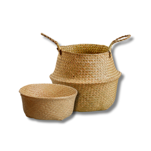 Cestas de vientre de hierba marina natural con asas de cuero cesta de paja elegante y funcional para decoración rústica moderna del hogar - Product Image 1