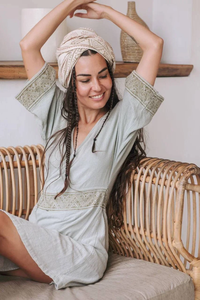 Salvia verde marrón Boho Kimono Wrap vestido mano bloque impreso 100% algodón Casual Mini estilo con cinturón para ropa de verano - Product Image 4