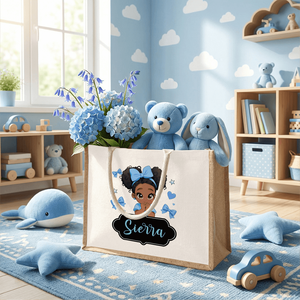 <b>Large</b> Jute Bag with Cute Cartoon <b>Bow</b> Personalized Birthday Gift for Black Girls Open Closure Type - Product Image 5